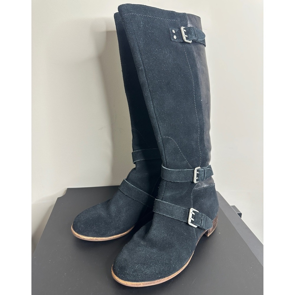 UGG Tall Moto Boots Women Size 6 Black Suede Leather Triple Buckle Straps